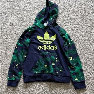 adidas Navy Hoodie with Green Camo Sleeves and Yellow Logo
